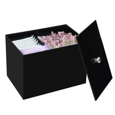 an open black box with folded paper and napkins in it on a white background