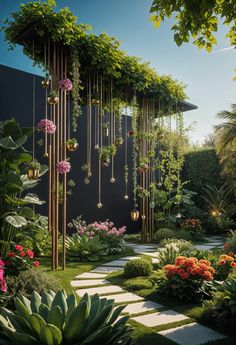 a garden with lots of flowers and plants hanging from the side of it's walls