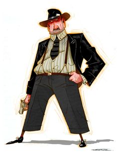 a drawing of a man in a suit and hat with his hands on his hips