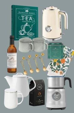 there are many items that can be used to make tea and coffee in the kitchen