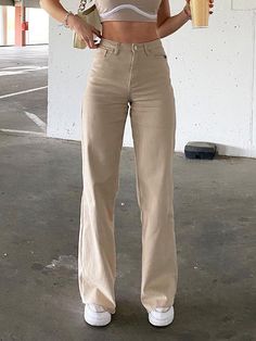 Wide Leg Flare Jeans High Waisted Solid Flare Jeans - AnotherChill Jeans Online Store, Looks Jeans, High Waisted Flare Jeans, Jeans Beige, High Waisted Flares, Y2k Outfits, Flare Leg Jeans, Wide Leg Denim, Look Casual