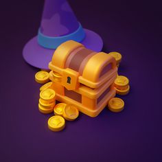 a purple hat and some gold coins on a purple surface with a yellow chest in the middle