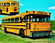 an old school bus parked on the side of the road in front of a grassy field