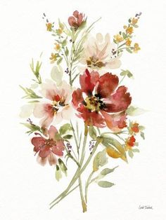 watercolor painting of red and white flowers