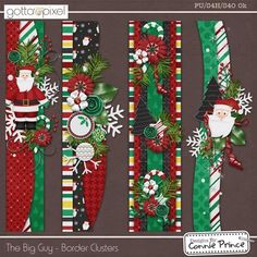 the ugly christmas ribbon collection is shown in green, red and white ribbons with santa's helpers on them