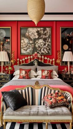 a bedroom with red walls and black and white striped flooring, an upholstered bed