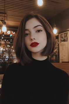 Woman with short dark hair and red lipstick in a dimly lit café with string lights. Classy Bob Hairstyles, Bob Hairstyles Women, Hair Bobs, Straight Across Bangs, Grown Out Pixie, Highlighted Bangs, Asymmetrical Style, Easy Hairstyles For Thick Hair, Classic Bob