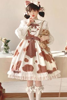 Milk Cow Print Ruffle Bowknot Sweet Lolita Jsk Dress 5 Colors – LolitaInside Jsk Dress, Cow Dress, Elegant Goth, Cow Outfits, Adopt Idea, Clothes Reference, Punk Dress, Pink Cow, Kawaii Style