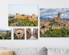 three canvases hanging on the wall above a couch in a room with a sofa