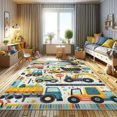 a child's room with colorful rugs and toys