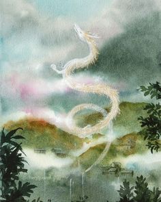 a painting of a dragon flying through the sky