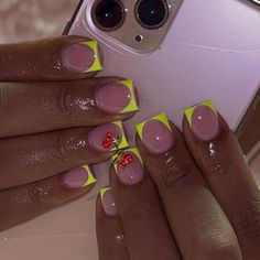 Neon Yellow French Tip Nails with a 3D cherry charm on each hand. 12 Nails, Prep Kit &, Application Instructions Included. The Nail Sizing Is Universal, If You Want Exact Sizing You Can Purchase A Sizing Kit Or Use The Sizing Chart. (Not My Photo). Can Replicate All Designs. Nails With Charms Black, Neon Yellow French Tip, Neon Yellow French Tip Nails, Vacation Nails Black Women, Summer Nails Black Women, Yellow French Tip, Yellow French, Overlay Nails, Nail Aesthetic