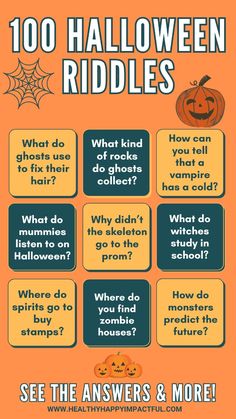 an orange poster with the words halloween riddles and what do you think? on it