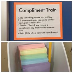 there is a sign that says compliment train on the wall next to some sort of sticky notes