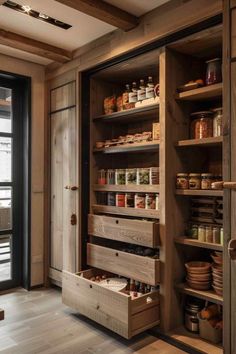 an open wooden pantry with lots of food items in the bins and on shelves