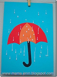 a painting of an umbrella with rain drops hanging on a clothes line in front of a wall