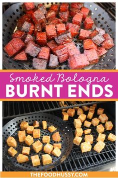 some food is being cooked on the grill with text overlay that reads smoked bologna burnt ends