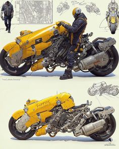 two pictures of a yellow motorcycle with people standing around it and another drawing of the bike