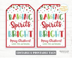 two christmas tags with the words baking spirits bright