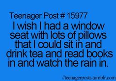 a blue background with the words teenager post 1971 i wish i had a window seat with lots of pillows that i could sit in and drink tea and read books in and watch