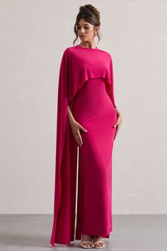 Padma | Pink Draped Maxi Dress With Cape Sleeves Dress With Cape Sleeves, Dress With Cape, Midi Bridesmaid Dress, Club L London, Ombre Prom Dresses, Modest Maxi, Eid Outfits, Drape Maxi Dress, Sleek Bun