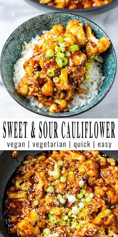 sweet and sour cauliflower is served over rice in a skillet