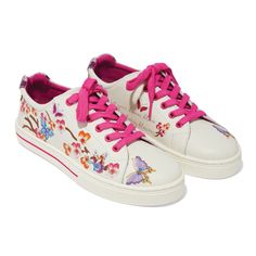 Our best-loved shoe silhouette - a soft leather lace-up sneaker - takes a new direction with inspiration from our designer's journey to Kyoto, Japan, famous for its spectacular displays of cherry blossoms in the spring. Optic white printable tumbled leather is the perfect backdrop to bold embroidery with a colorful cherry blossom scene accented with butterflies. A definite conversation-starter! Flower Painter Tennis Shoes, Cherry Blossom Shoes, Shoe Silhouette, Embroidered Sneakers, Kyoto Japan, Painted Shoes, New Directions, Cherry Blossoms, Leather And Lace