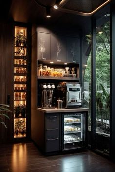 a kitchen with an oven, coffee maker and shelves full of food on the wall