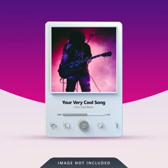 an mp3 player with the image of a guitarist on it's screen and text that reads, your very cool song