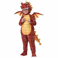 a child in a red dragon costume standing with his hands on his chest and mouth open