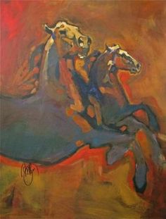 an oil painting of two horses on a brown background