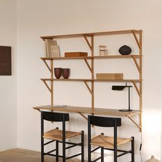 two wooden desks sitting next to each other on top of a hard wood floor