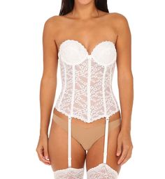 This sexy, sophisticated bustier features all-over, see-through floral lace and underwire cups with 3-part inner construction for support and projection. The very low back has a 7-hook, 3-column closure. Removable garters have plastic hardware. Multi-part, fiberfill lined underwire cups offer support, a natural, rounded appearance and modesty. Strap loops are located at outer edge of cups and near center back. Pretty floral lace is non-stretch to help shape you through the middle. Flexible stays Carnival Bra, White Bustier, Front Closure Bra, Corset Bra, Longline Bra, Corset Lingerie, Lace Corset, Stretch Lace, Bra Lingerie