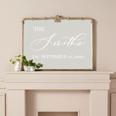 a white fireplace mantle with a sign that says the knits