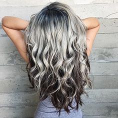 Silver And Gray Hair Ideas, Chocolate And Blonde Hair, Icy Ash Blonde Hair Dark Roots, Reverse Peekaboo Hair, Icy Blonde Highlights On Dark Hair, Smokey Ash Blonde, Western Hair Color, High Contrast Hair, Ginger Blonde Hair