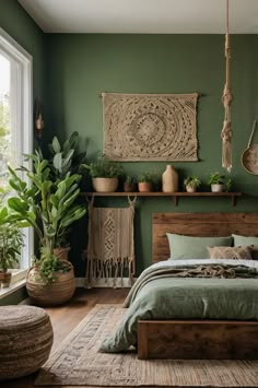 a bed sitting in a bedroom next to a window with potted plants on top of it