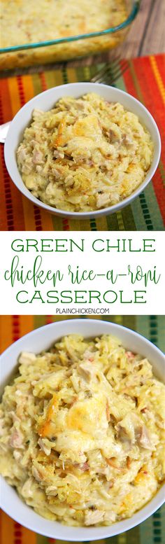 green chile chicken rice casserole in a white bowl on a colorful tablecloth