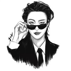 a black and white drawing of a woman with sunglasses on her face, wearing a suit and tie