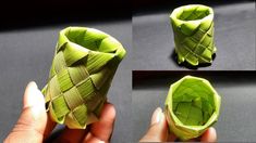 the process of making an origami vase out of green leafy material is shown