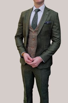 Fratelli Uniti | Fratelli Robbie Men’s Green Tweed Suit with Marc Darcy Ted Tan Tweed Waistcoat – MENSWEARR British Wedding Suit, Green Tweed Suit Wedding, Suit For Groom Wedding, Grad Suits, Green Tweed Suit, Suit Groomsmen, Tweed Jacket Outfit, Mens Tweed Suit, Elegant Suit