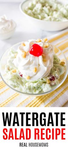 this is a recipe for watergate salad with whipped cream and cherries on top