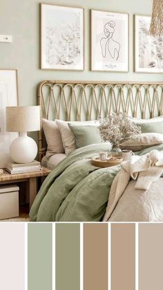 a bedroom with neutral and green colors