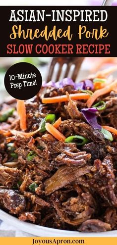 This shredded pork recipe is cooked in a slow cooker and infused with lots of delicious Asian-inspired flavors. Use pork shoulders or pork butt, and the slow cooker will break down the fibers of the meat during the long and slow cooking process. The end result is a piece of meat that is tender, melt-in-your-mouth, and easily-broken-apart. Asian Shredded Pork, Slow Cooker Shredded Pork, Crock Pot Asian, Joyous Apron, Pork Slow Cooker, Pork Pulled, Slow Cooker Asian, Slow Cooker Recipes Pork, Homemade Chinese