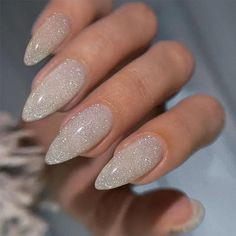 Party Nail Inspiration, White Almond Glitter Nails, Grey New Years Nails, Silver Classy Nails, Silver Sparkling Nails, White Shine Nails, Elegant Nails Silver, Silver Formal Nails, Wedding Nails For Bride Glitter