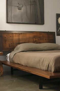 a bed with a wooden headboard and foot board