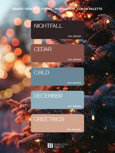 a christmas tree with lights in the background and text that reads nightfall cedar cold december greeting