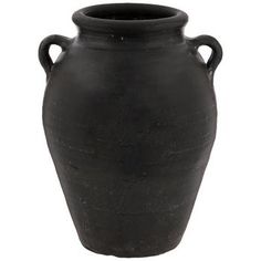 a black vase with handles is shown on a white background