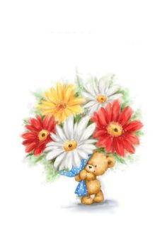 a happy birthday card with a teddy bear holding flowers