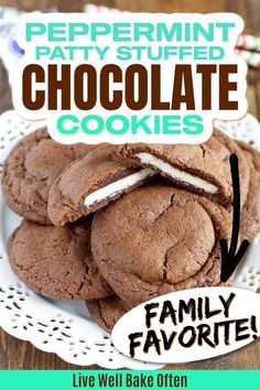 peppermint patty stuffed chocolate cookies on a white plate with text overlay that says peppermint patty stuffed chocolate cookies