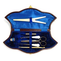 a blue velvet case with scissors and other tools in it